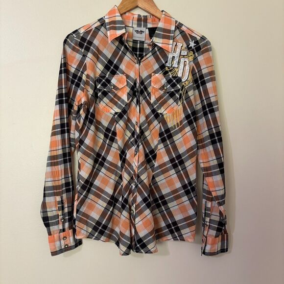 Harley Davidson Button Up Shirt Womens M Orange Plaid Rhinestone Angel Back Logo - Picture 4 of 16